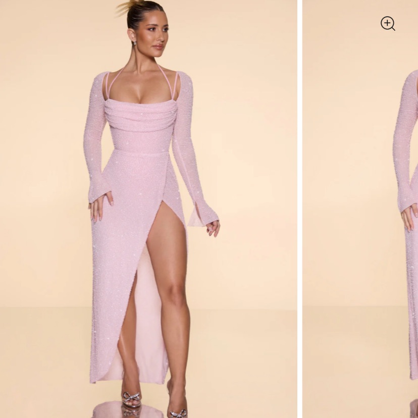 Brand New Oh Polly Baby Pink Sparkle Beaded Body Con Maxi Dress With Slit